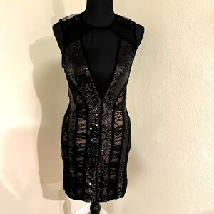 SEQUIN DRESS! Bebe Bodycon Dress - Black / Nude / Sequin / Lace